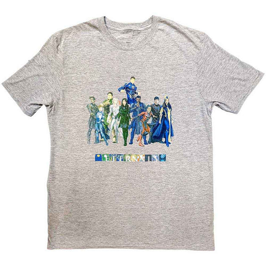 Gray t-shirt featuring colorful Marvel's Eternals character artwork.