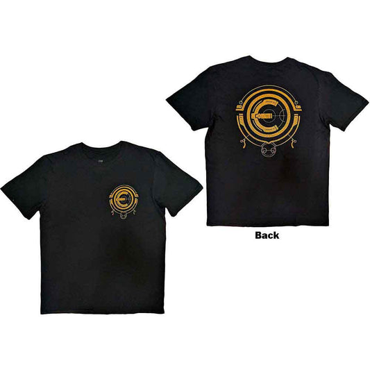 Black t-shirt with a gold Eternals dreamcatcher design on the chest.