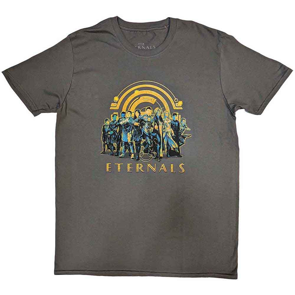 Gray t-shirt with a group illustration of Marvel’s Eternals characters.