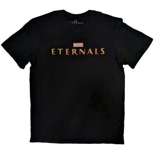 Black t-shirt with gold “Eternals” logo and “Marvel” text.