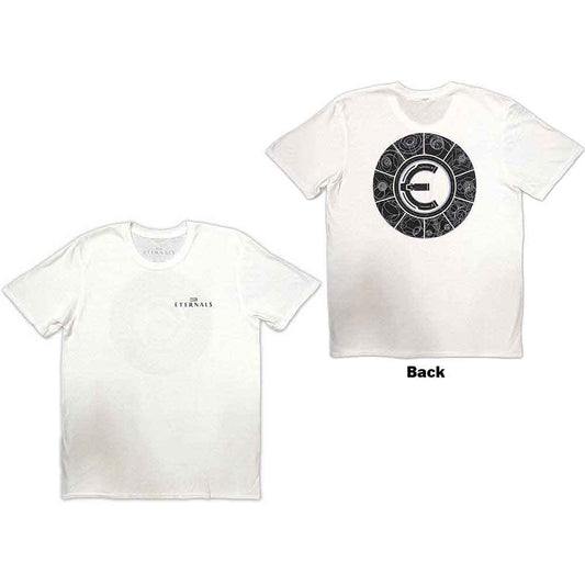 White t-shirt with "Eternals" logo, worn by a person facing left.