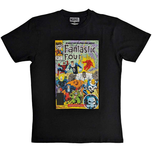 Fantastic Four comic book cover graphic on a small, unisex navy blue t-shirt.