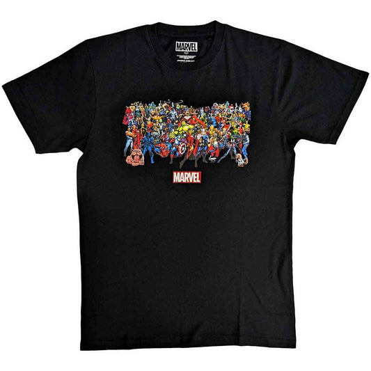 A black unisex t-shirt featuring a collage of various Marvel Comics superhero characters.