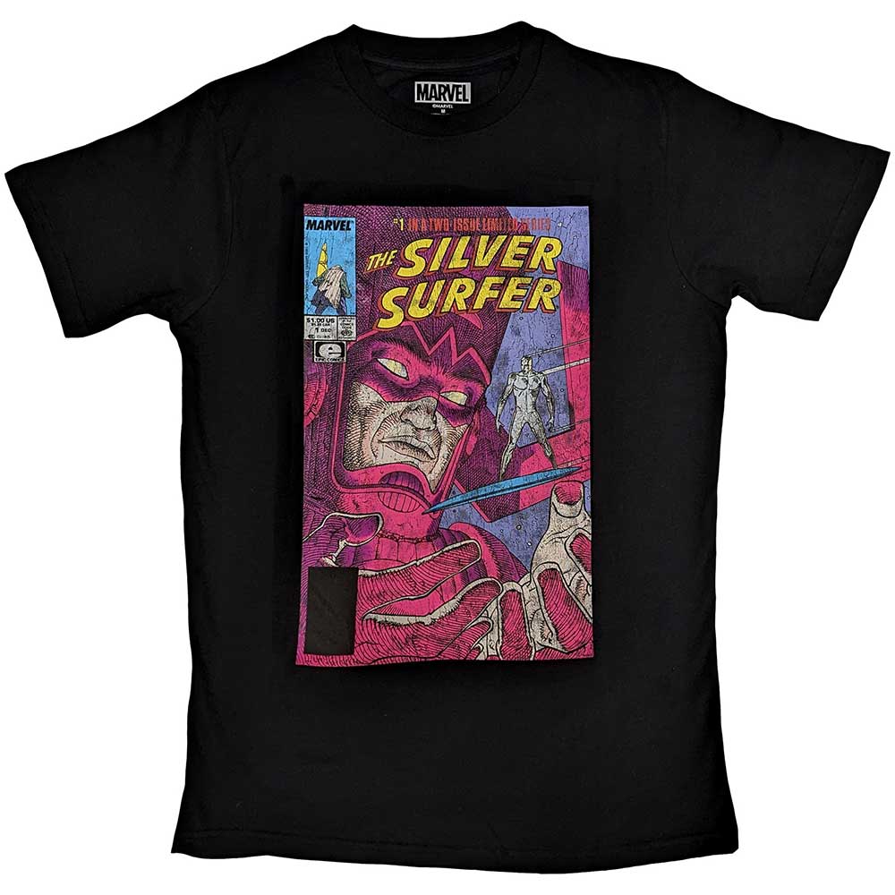 Black t-shirt featuring comic art of purple Galactus and silver Silver Surfer.