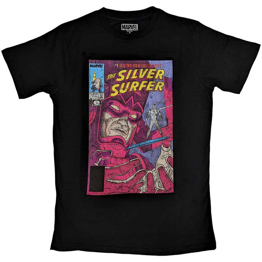 Black t-shirt featuring comic art of purple Galactus and silver Silver Surfer.