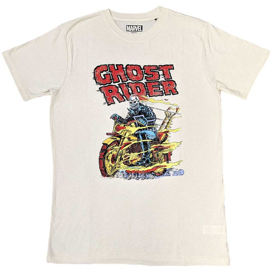 Black t-shirt featuring Ghost Rider on a motorcycle, comic book style.