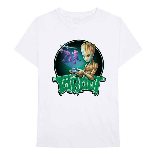 Black t-shirt with a graphic of Groot from Guardians of the Galaxy gaming.