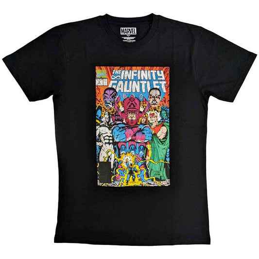 Medium unisex t-shirt featuring the gold Infinity Gauntlet from Marvel comics.