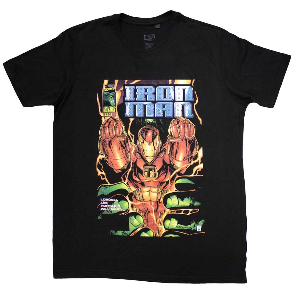 Large unisex t-shirt featuring Iron Man’s fist bursting through a comic book cover.