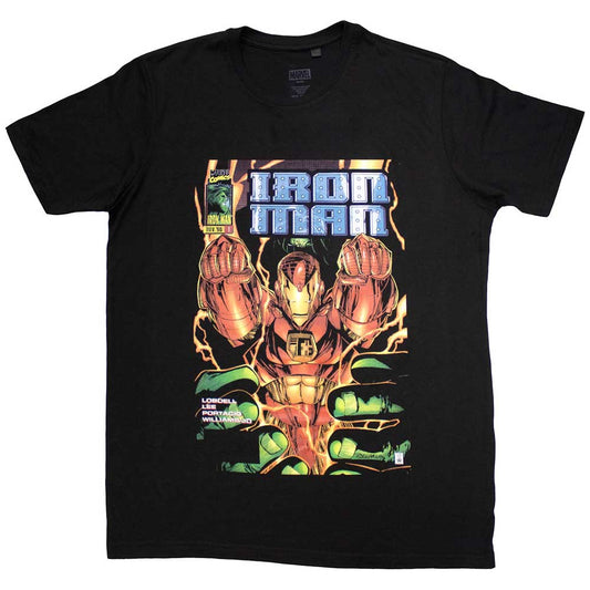 Large unisex t-shirt featuring Iron Man’s fist bursting through a comic book cover.