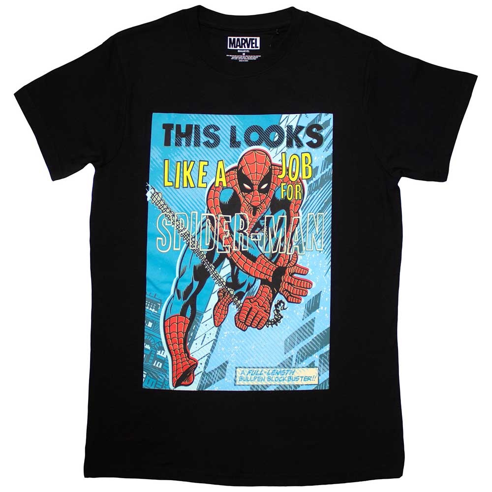 Black t-shirt with Spider-Man graphic and text: “Looks Like A Job For Spider-Man”.
