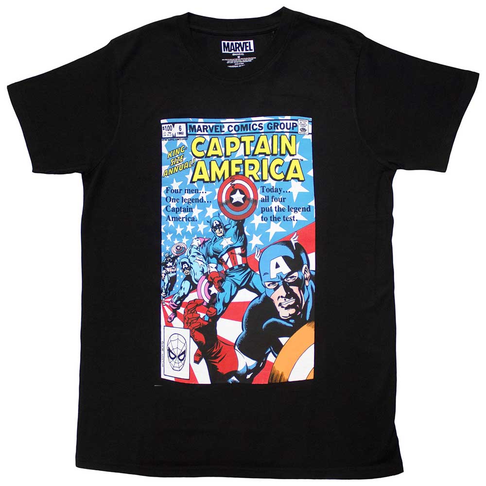 T-shirt with collage of Captain America comic book covers, unisex, size XX-Large.