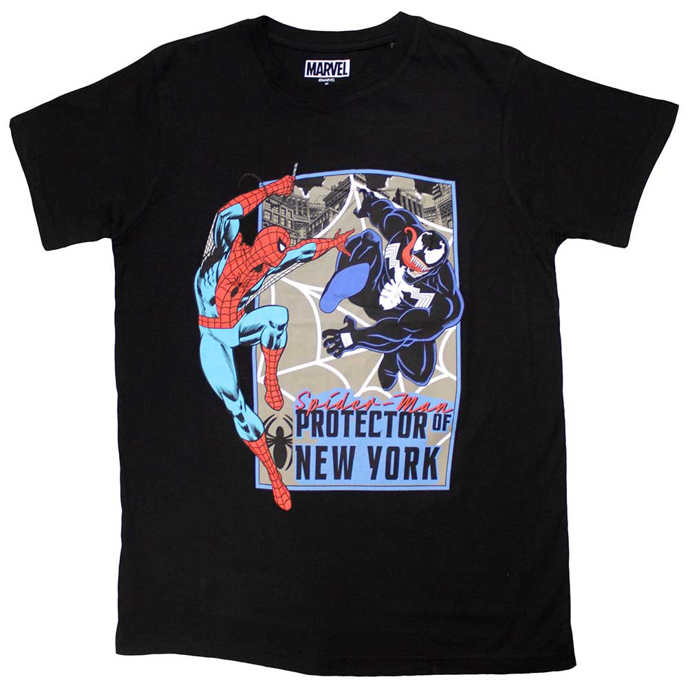 Black t-shirt with a Marvel Comics design, likely featuring a New York City protector.