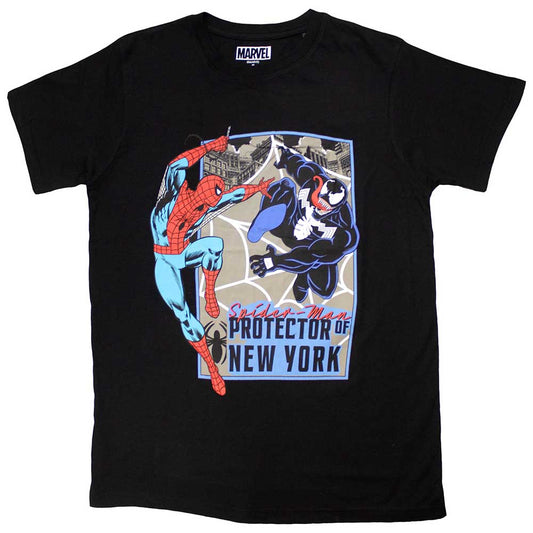 Black t-shirt with a Marvel Comics design, likely featuring a New York City protector.