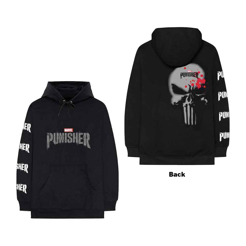 Black pullover hoodie with Punisher skull stamp graphic on back and sleeves.