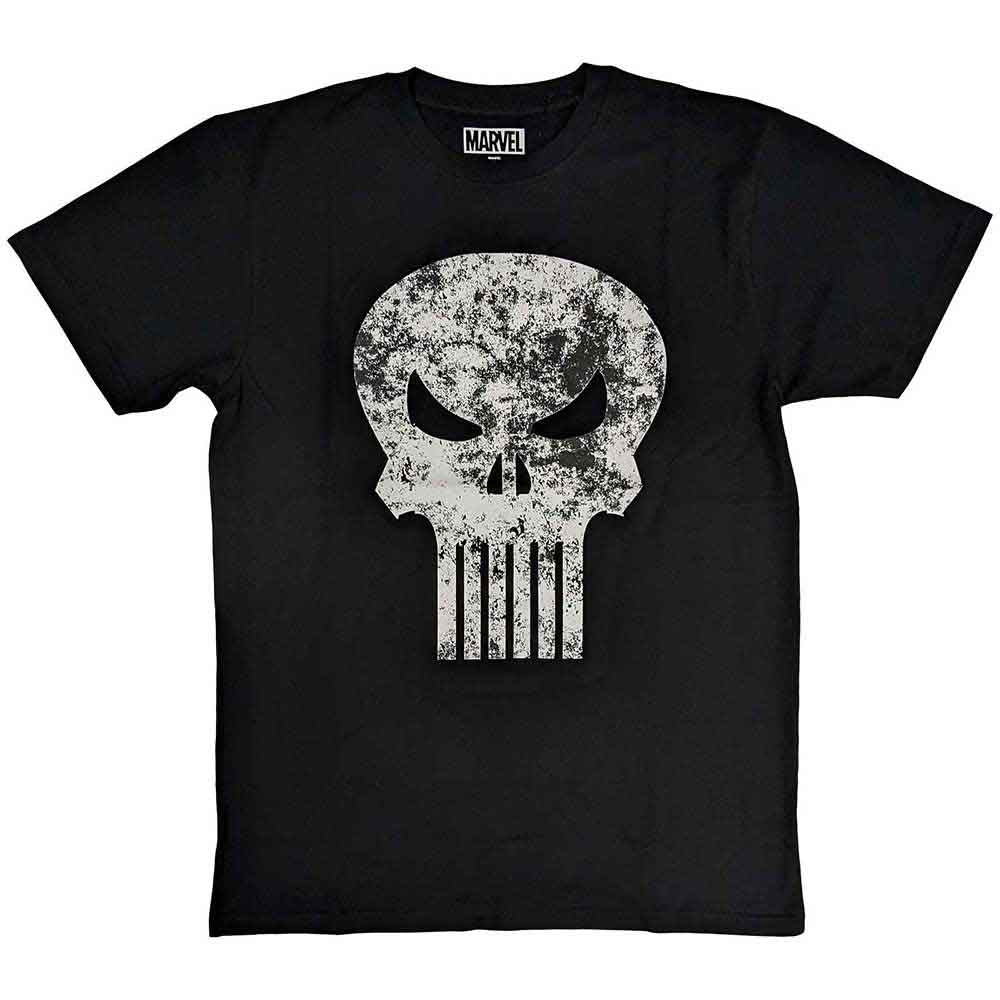 Black unisex t-shirt featuring a white distressed Punisher skull logo on the chest.