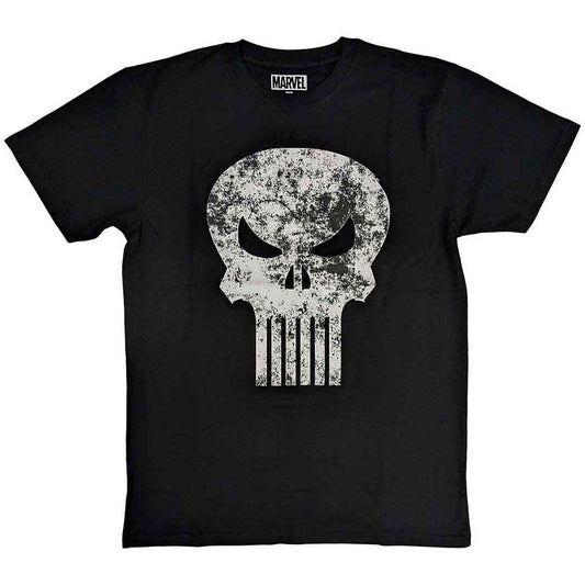 Black unisex t-shirt featuring a white distressed Punisher skull logo on the chest.