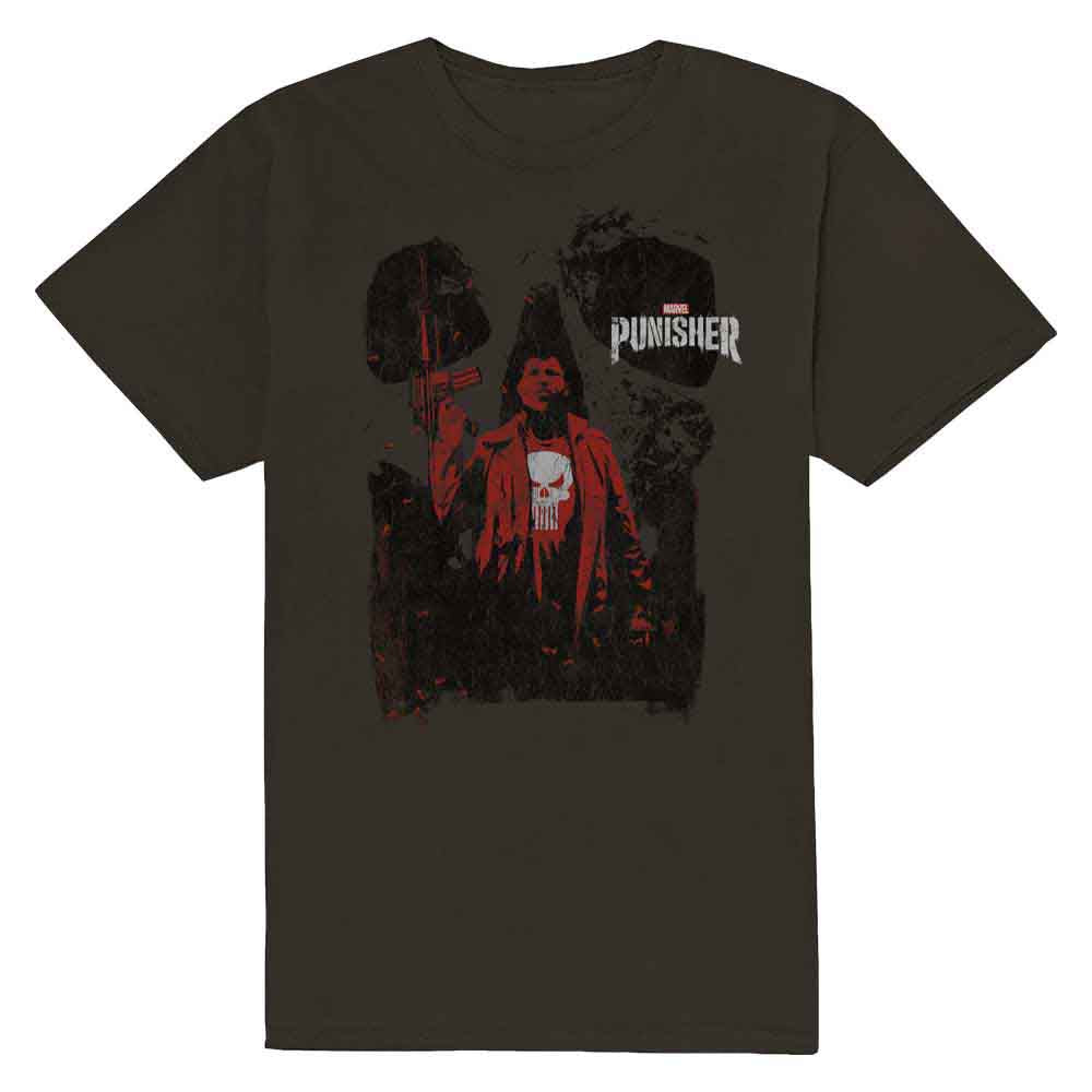 Red outline of a Marvel Comics logo on a unisex, black t-shirt (XX-Large).