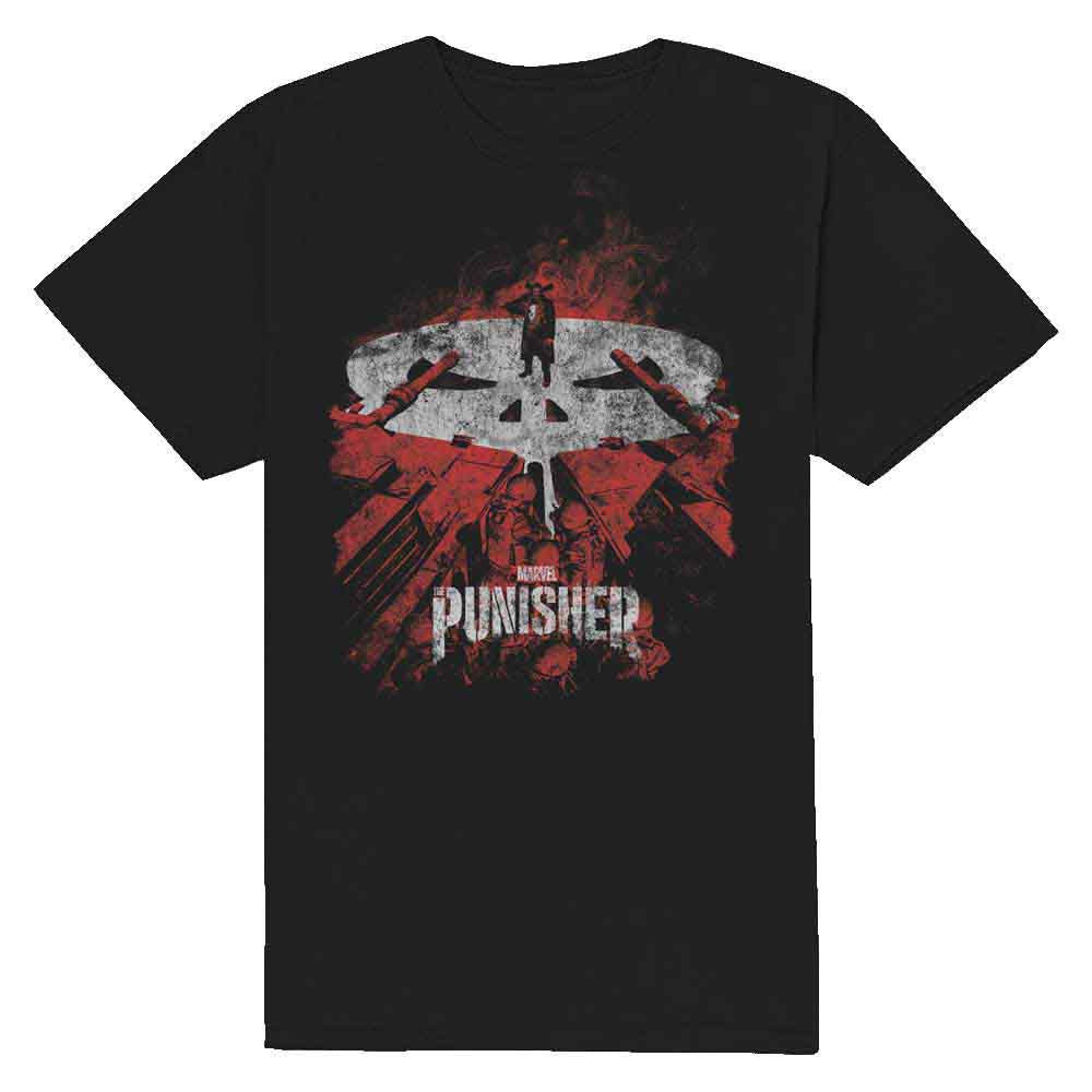 Red Marvel Comics t-shirt featuring tank-like vehicles, size small.