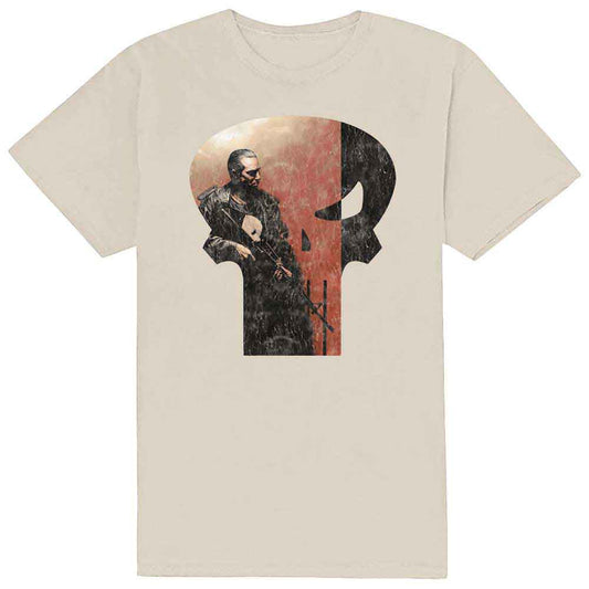 Black t-shirt with white outline of a Marvel Comics skull character.