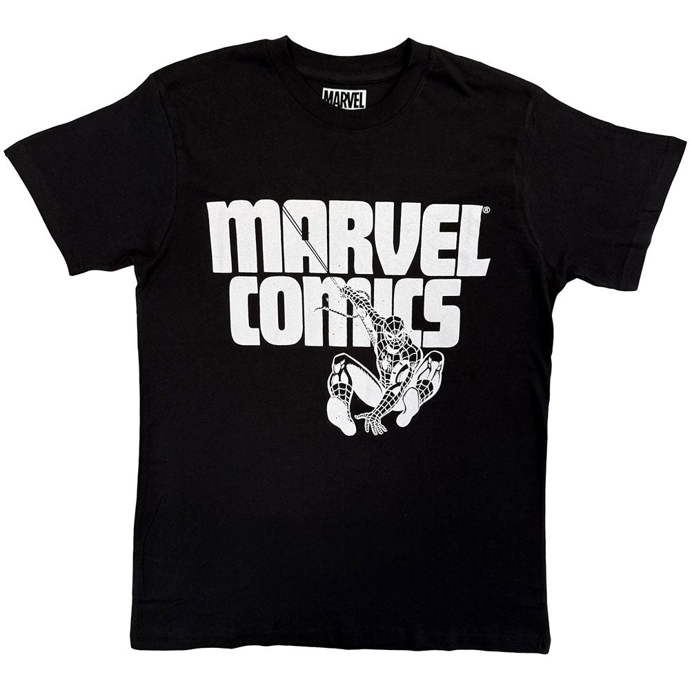 Black t-shirt with white "Marvel Comics" text and Spider-Man graphic.