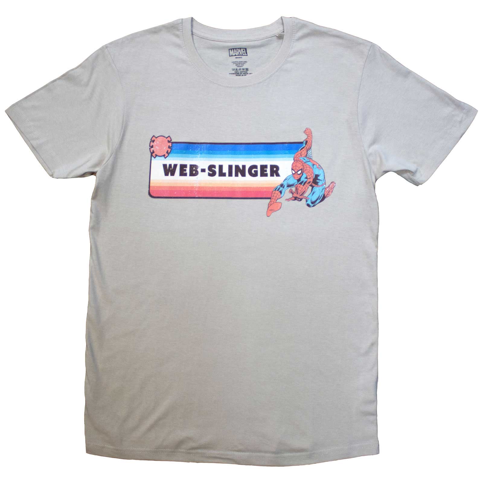 Black t-shirt featuring Spider-Man swinging on a white web design.