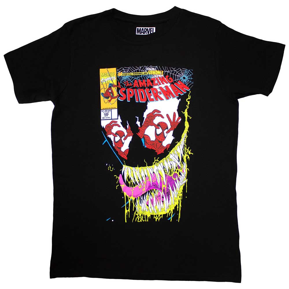 Black t-shirt featuring a colorful vintage Marvel Comics cover design with the letter "V".