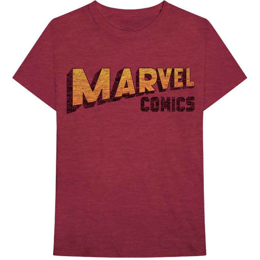 Maroon t-shirt with a distressed, gold-colored "Marvel Comics" logo.