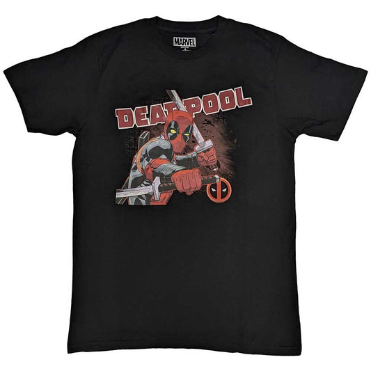 Black t-shirt with Deadpool graphic holding swords and logo.
