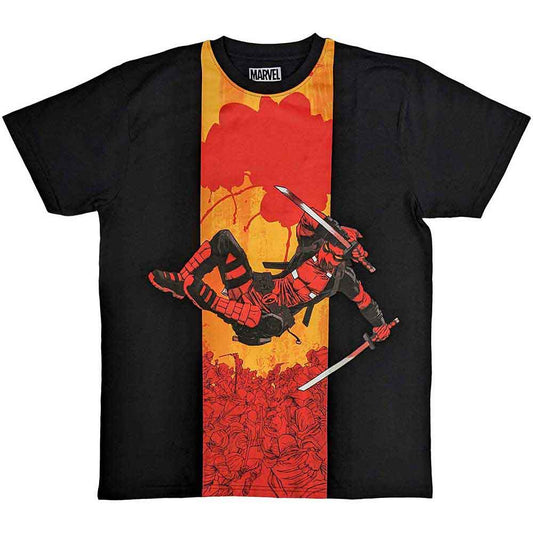Black t-shirt with a red and gold Deadpool samurai graphic print.