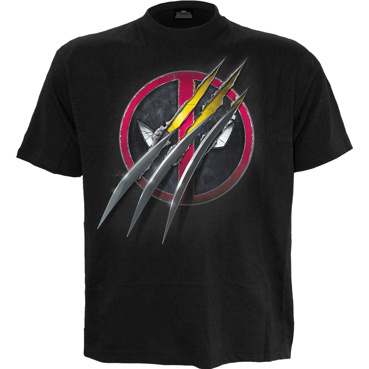 Black Deadpool t-shirt with a slashed circle and claw marks design.