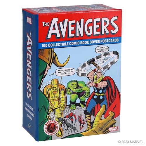 A box set of 100 Avengers comic book cover postcards featuring classic Marvel character art.