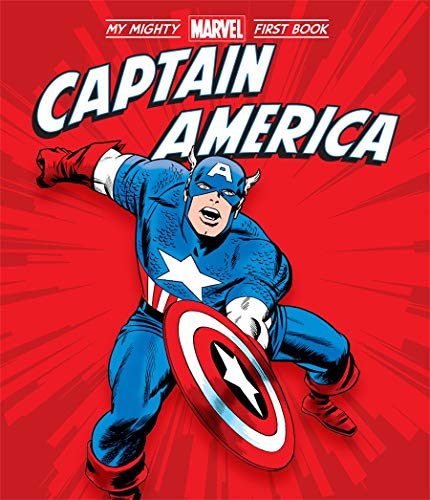 Captain America in his blue suit and shield on a red comic book cover.