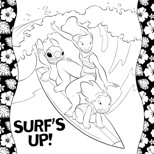 Stitch and two alien friends surfing a wave, coloring book style.