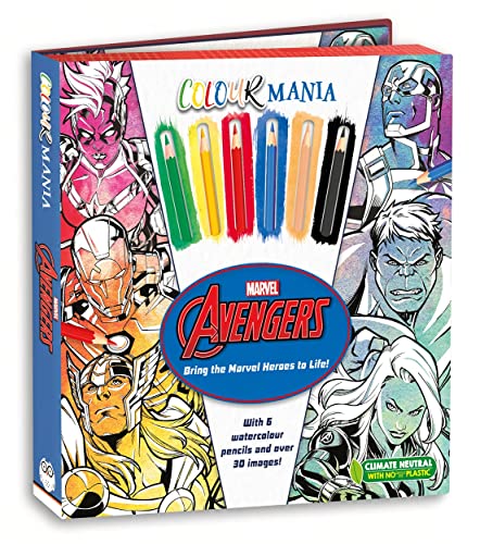 Marvel Avengers Colour Mania coloring book with pencils and hero portraits.