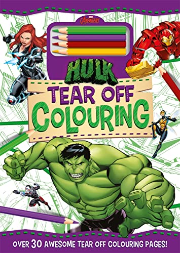 Avengers Hulk colouring book with Hulk, Iron Man, Black Widow, and pencils.