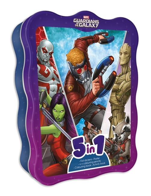 Guardians of the Galaxy tin with Star-Lord, Gamora, Groot, and Rocket.