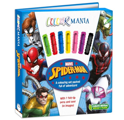 Spider-Man Colourmania colouring set with pens and character illustrations.