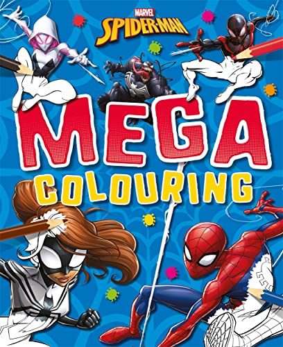 Marvel Spider-Man Mega Colouring book cover featuring Spider-Man, Ghost-Spider, Venom, and other characters.
