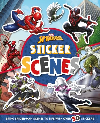 Marvel Spider-Man sticker book cover featuring various superheroes and villains in a city setting.