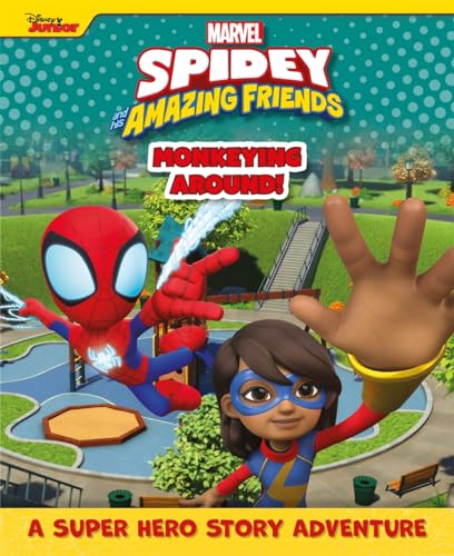 Spidey and Ms. Marvel at a playground, book cover illustration.