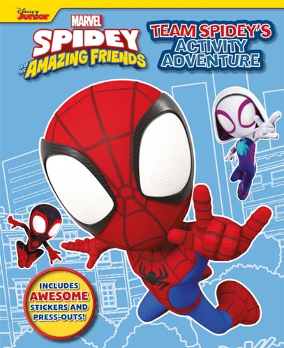 Spidey, Ghost-Spider, and Miles Morales on a light blue activity book cover.