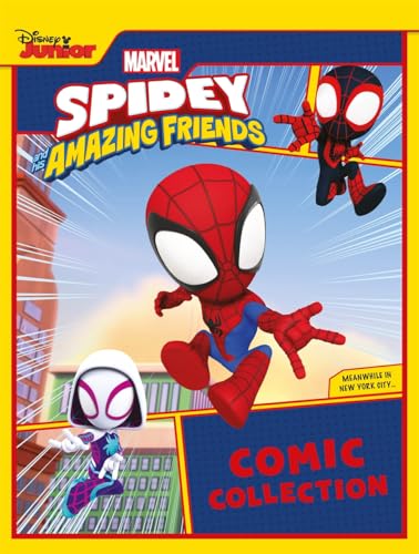 Spidey, Ghost-Spider, and Spin on a comic collection book cover with yellow borders.