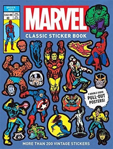 Marvel Classic Sticker Book cover featuring various vintage Marvel superhero stickers on blue background.