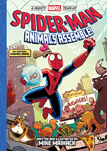 Spider-Man leaps through a city surrounded by various animals and a billboard of Avengers.