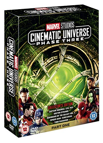 "Marvel DVD box set with discs, artwork, and packaging on a white background."