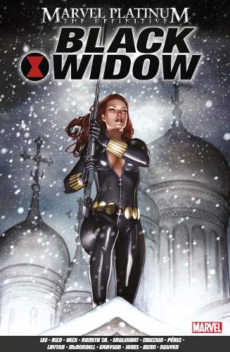 Black Widow in a black suit, holding a rifle, with snowy architecture.