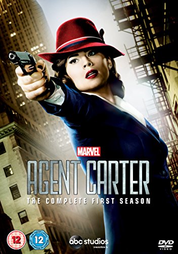 Agent Carter DVD cover featuring Hayley Atwell with a gun, city backdrop.