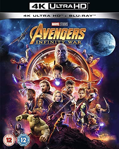 Avengers: Infinity War Blu-ray cover featuring Thanos and many Marvel heroes.
