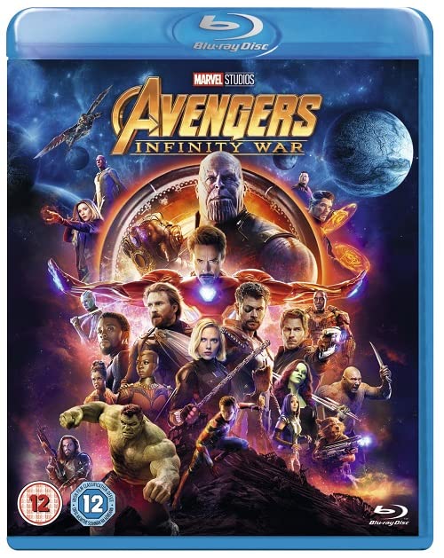 Avengers: Infinity War Blu-ray cover featuring Thanos and many Marvel heroes.